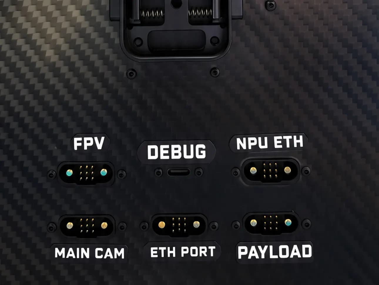 SkyReaper's interface plate, with ports for payload, ethernet, main camera, NPU, debug and FPV